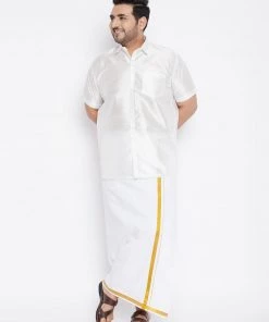 VASTRAMAY Men's Plus Size White Silk Blend Ethnic Shirt