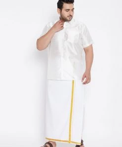 Vastramay Plus Size Collection Men's Plus Size White Silk Blend Shirt And Mundu Set