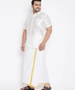 Vastramay Plus Size Collection Men's Plus Size White Silk Blend Shirt And Mundu Set
