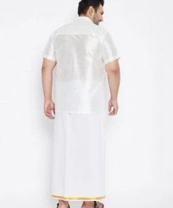 Vastramay Plus Size Collection Men's Plus Size White Silk Blend Shirt And Mundu Set