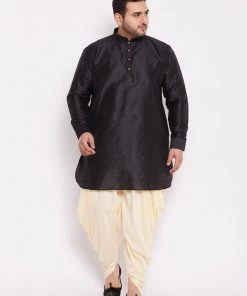 VASTRAMAY Men's Plus Size Black Silk Blend Kurta With Gold Dhoti Pant Set