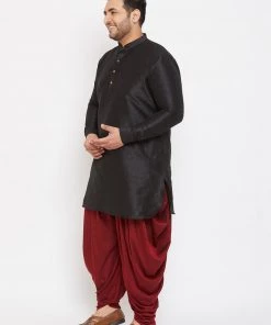VASTRAMAY Men's Plus Size Black Silk Blend Kurta And Maroon Dhoti Pant Set