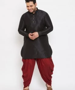 VASTRAMAY Men's Plus Size Black Silk Blend Kurta And Maroon Dhoti Pant Set