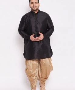 VASTRAMAY Men's Plus Size Black Silk Blend Kurta And Rose Gold Dhoti Pant Set