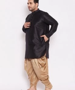 VASTRAMAY Men's Plus Size Black Silk Blend Kurta And Rose Gold Dhoti Pant Set