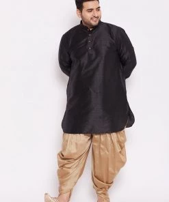 VASTRAMAY Men's Plus Size Black Silk Blend Kurta And Rose Gold Dhoti Pant Set