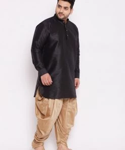 VASTRAMAY Men's Plus Size Black Silk Blend Kurta And Rose Gold Dhoti Pant Set