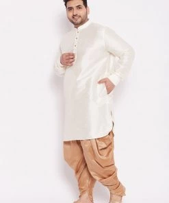 VASTRAMAY Men's Plus Size Cream Silk Blend Kurta And Rose Gold Dhoti Pant Set Plus Size Collection