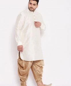 VASTRAMAY Men's Plus Size Cream Silk Blend Kurta And Rose Gold Dhoti Pant Set Plus Size Collection