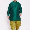 VASTRAMAY Men's Plus Size Green Silk Blend Kurta And Cyan Solid Dhoti Pant Set 2 VASTRAMAY Men's Plus Size Green Silk Blend Kurta And Cyan Solid Dhoti Pant Set