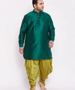 VASTRAMAY Men's Plus Size Green Silk Blend Kurta And Cyan Solid Dhoti Pant Set
