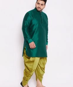 VASTRAMAY Men's Plus Size Green Silk Blend Kurta And Cyan Solid Dhoti Pant Set