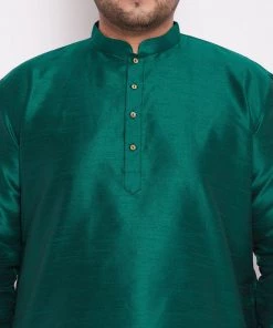 VASTRAMAY Men's Plus Size Green Silk Blend Kurta And Cyan Solid Dhoti Pant Set