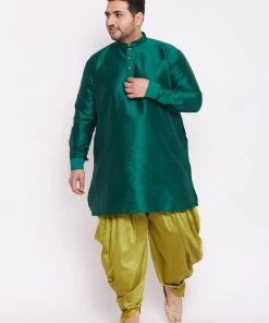 VASTRAMAY Men's Plus Size Green Silk Blend Kurta And Cyan Solid Dhoti Pant Set