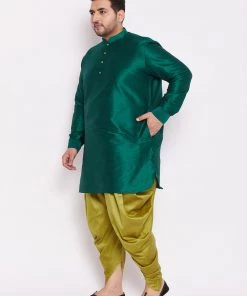 VASTRAMAY Men's Plus Size Green Silk Blend Kurta And Cyan Solid Dhoti Pant Set