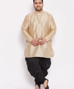VASTRAMAY Men's Plus Size Golden Silk Blend Kurta And Black Dhoti Pant Set