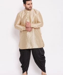 VASTRAMAY Men's Plus Size Golden Silk Blend Kurta And Black Dhoti Pant Set