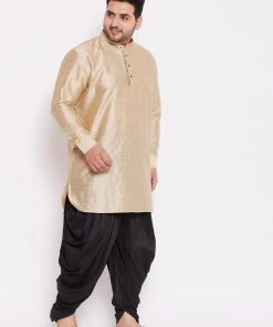 VASTRAMAY Men's Plus Size Golden Silk Blend Kurta And Black Dhoti Pant Set