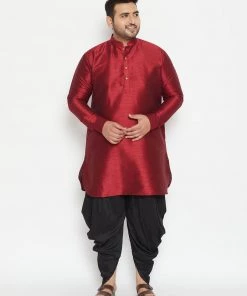 Vastramay Men's Plus Size Maroon And Black Silk Blend Kurta And Dhoti Set