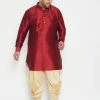 Vastramay Plus Size Collection Men's Plus Size Maroon And Gold Silk Blend Kurta And Dhoti Set