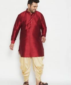 Vastramay Plus Size Collection Men's Plus Size Maroon And Gold Silk Blend Kurta And Dhoti Set