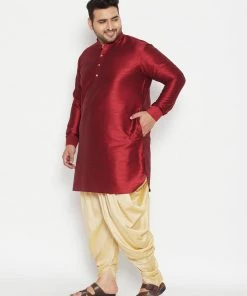 Vastramay Plus Size Collection Men's Plus Size Maroon And Gold Silk Blend Kurta And Dhoti Set