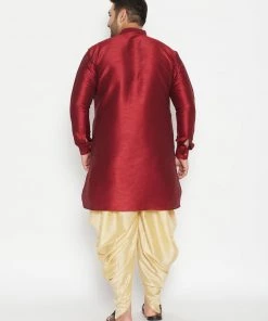 Vastramay Plus Size Collection Men's Plus Size Maroon And Gold Silk Blend Kurta And Dhoti Set