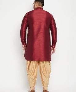Vastramay Men's Plus Size Maroon And Rose Gold Silk Blend Kurta And Dhoti Pant Set Plus Size Collection