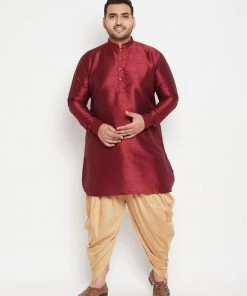 Vastramay Men's Plus Size Maroon And Rose Gold Silk Blend Kurta And Dhoti Pant Set Plus Size Collection