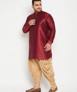 Vastramay Men's Plus Size Maroon And Rose Gold Silk Blend Kurta And Dhoti Pant Set Plus Size Collection