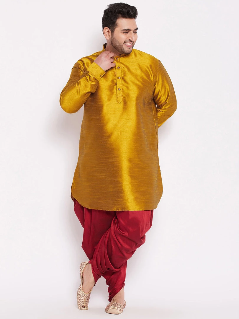 VASTRAMAY Men's Plus Size Mustard And Black Silk Blend Kurta And Dhoti Set 3 VASTRAMAY Men's Plus Size Mustard And Black Silk Blend Kurta And Dhoti Set