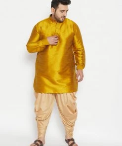 Vastramay Plus Size Collection Men's Plus Size Mustard And Rose Gold Silk Blend Kurta And Dhoti Set