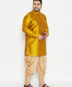 Vastramay Plus Size Collection Men's Plus Size Mustard And Rose Gold Silk Blend Kurta And Dhoti Set