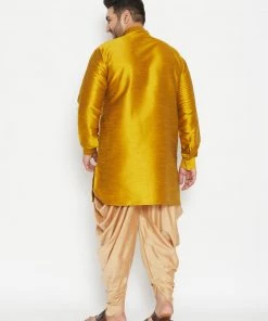 Vastramay Plus Size Collection Men's Plus Size Mustard And Rose Gold Silk Blend Kurta And Dhoti Set