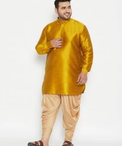 Vastramay Plus Size Collection Men's Plus Size Mustard And Rose Gold Silk Blend Kurta And Dhoti Set