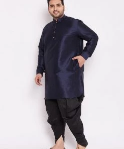 Plus Size Collection VASTRAMAY Men's Plus Size Navy Blue Silk Blend Kurta And Black Dhoti Pant Set