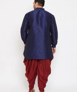 Plus Size Collection VASTRAMAY Men's Plus Size Navy Blue Silk Blend Kurta And Maroon Dhoti Pant Set