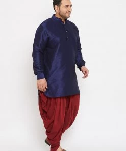 Plus Size Collection VASTRAMAY Men's Plus Size Navy Blue Silk Blend Kurta And Maroon Dhoti Pant Set
