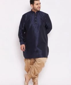 VASTRAMAY Men's Plus Size Navy Blue Silk Blend Kurta And Rose Gpld Dhoti Pant Set Plus Size Collection