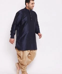 VASTRAMAY Men's Plus Size Navy Blue Silk Blend Kurta And Rose Gpld Dhoti Pant Set Plus Size Collection