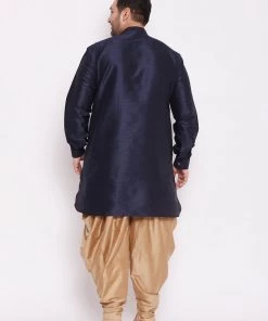 VASTRAMAY Men's Plus Size Navy Blue Silk Blend Kurta And Rose Gpld Dhoti Pant Set Plus Size Collection 12 VASTRAMAY Men's Plus Size Navy Blue Silk Blend Kurta And Rose Gpld Dhoti Pant Set Plus Size Collection