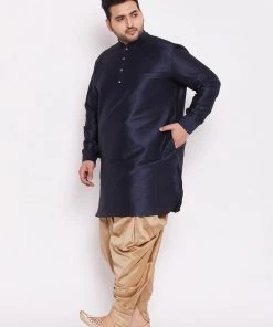VASTRAMAY Men's Plus Size Navy Blue Silk Blend Kurta And Rose Gpld Dhoti Pant Set Plus Size Collection 15 VASTRAMAY Men's Plus Size Navy Blue Silk Blend Kurta And Rose Gpld Dhoti Pant Set Plus Size Collection