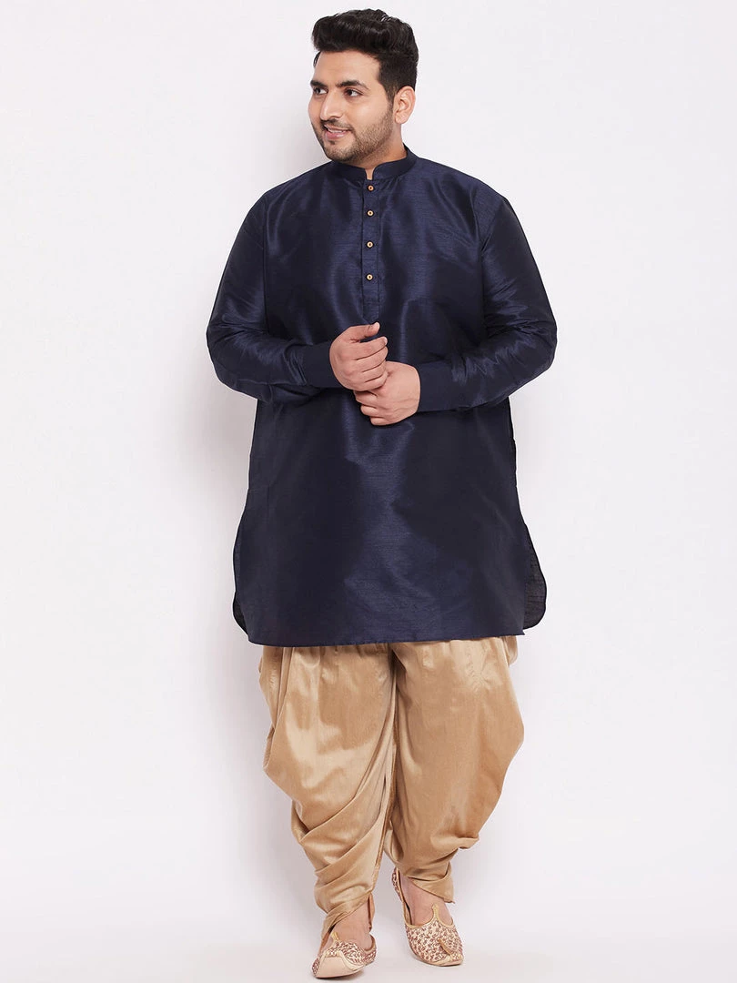 VASTRAMAY Men's Plus Size Navy Blue Silk Blend Kurta And Rose Gpld Dhoti Pant Set Plus Size Collection 9 VASTRAMAY Men's Plus Size Navy Blue Silk Blend Kurta And Rose Gpld Dhoti Pant Set Plus Size Collection