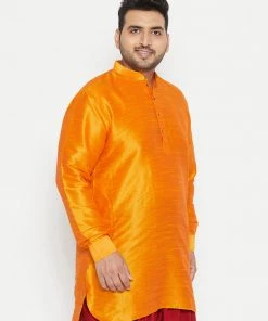 VASTRAMAY Men's Plus Size Orange Silk Blend Kurta Plus Size Collection