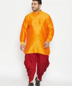 Vastramay Plus Size Collection Men's Plus Size Orange And Maroon Silk Blend Kurta And Dhoti Set