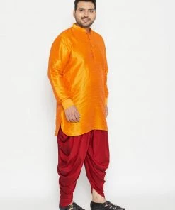 Vastramay Plus Size Collection Men's Plus Size Orange And Maroon Silk Blend Kurta And Dhoti Set