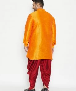 Vastramay Plus Size Collection Men's Plus Size Orange And Maroon Silk Blend Kurta And Dhoti Set