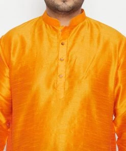 Vastramay Plus Size Collection Men's Plus Size Orange And Maroon Silk Blend Kurta And Dhoti Set