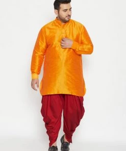 Vastramay Plus Size Collection Men's Plus Size Orange And Maroon Silk Blend Kurta And Dhoti Set
