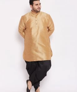 VASTRAMAY Men's Plus Size Rose Gold Silk Blend Kurta And Black Dhoti Pant Set